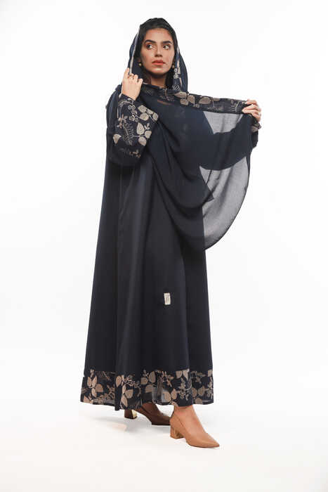 عباية يومية كتان كحلي والاكمام مشجر